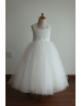 Ivory Cotton Tulle Tea Length Cross Back Flower Girl Dress